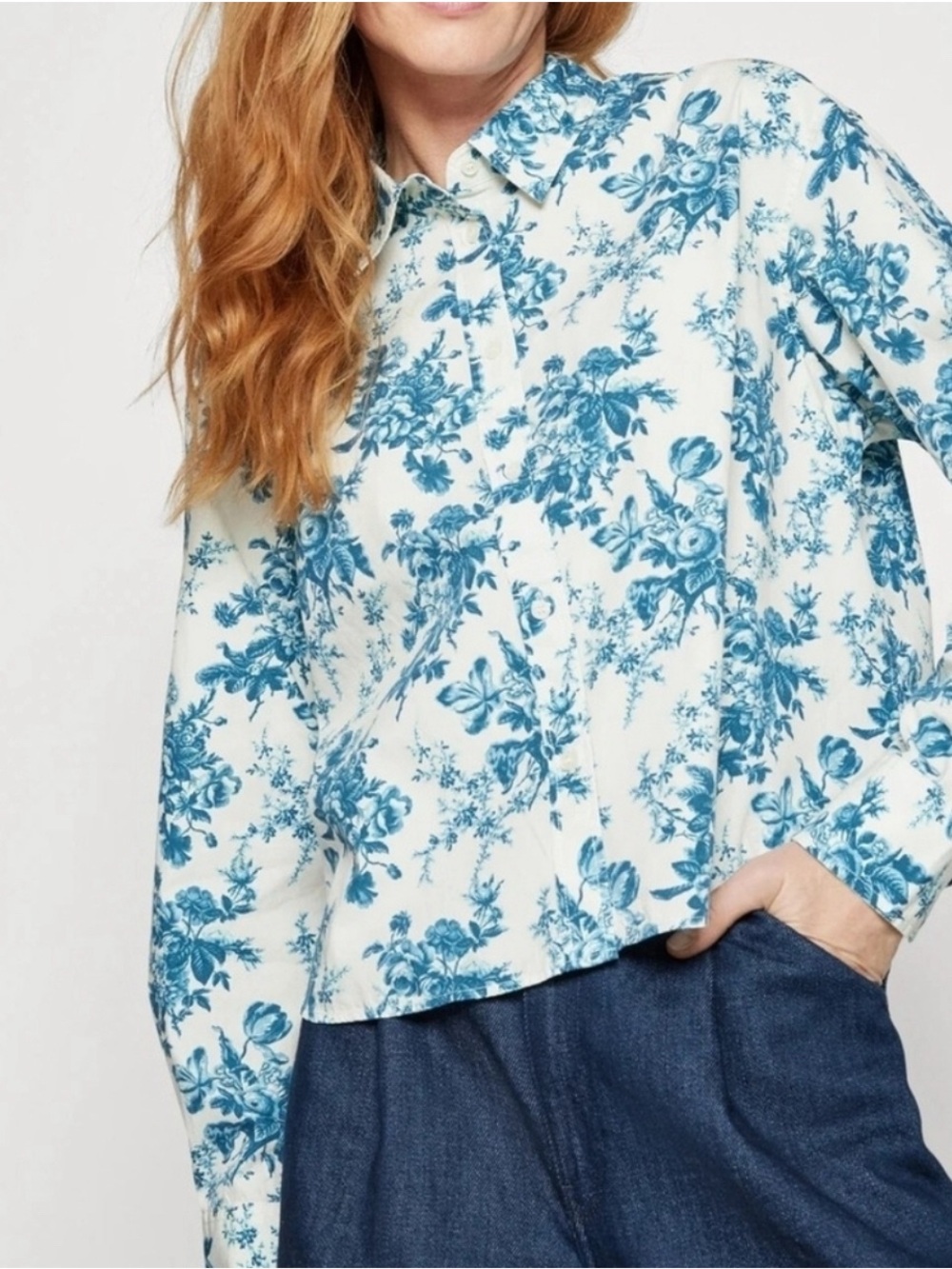 LoveShackFancy White and Blue Floral Button-Down Shirt